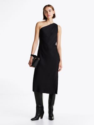 black satin one-shoulder midi dress for women tommy hilfiger