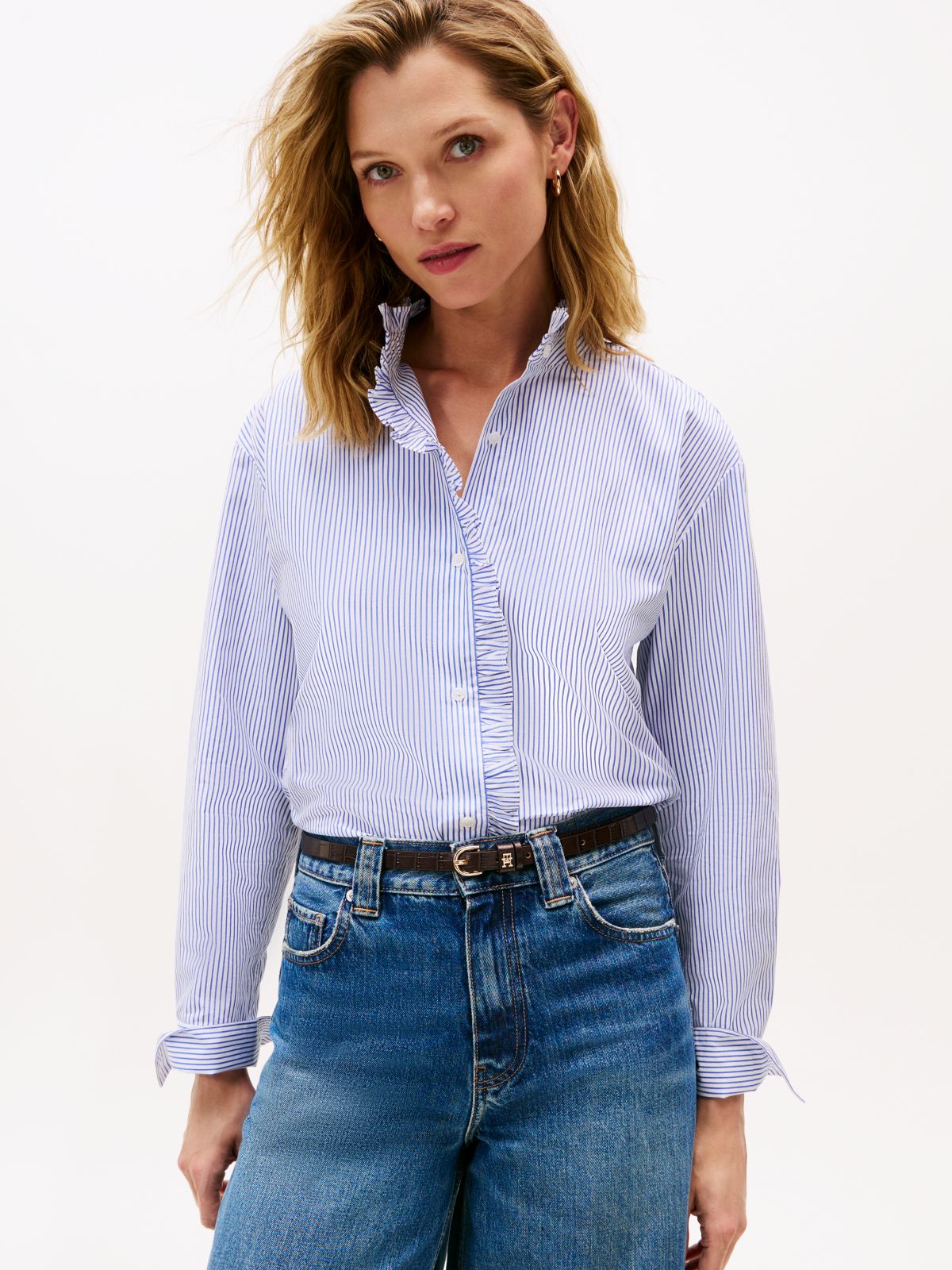 Ruffle Collar Poplin Relaxed Fit Shirt — Purple