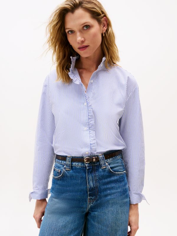 Ruffle Collar Poplin Relaxed Fit Shirt — Purple