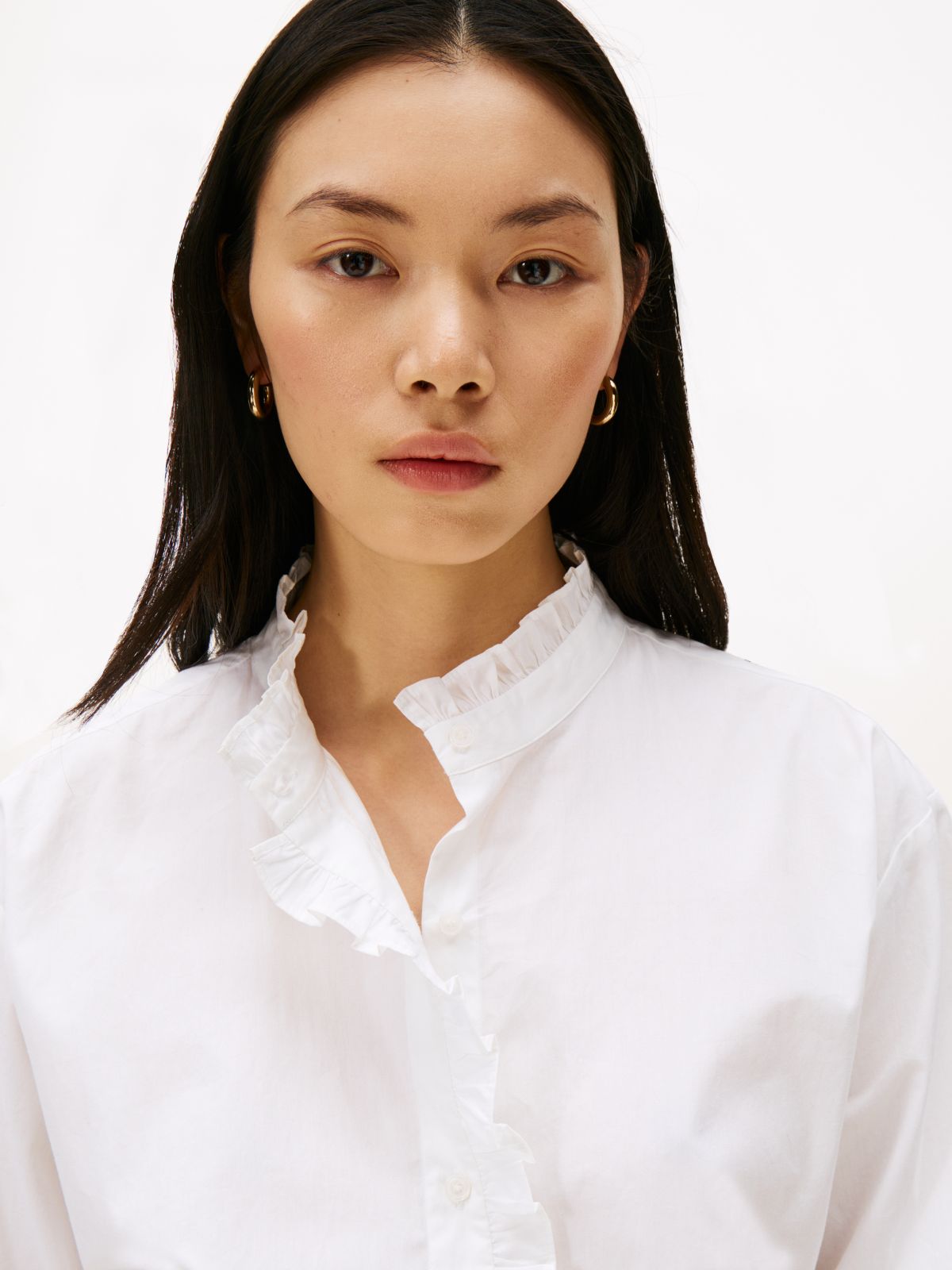 Ruffle Collar Poplin Relaxed Fit Shirt — White