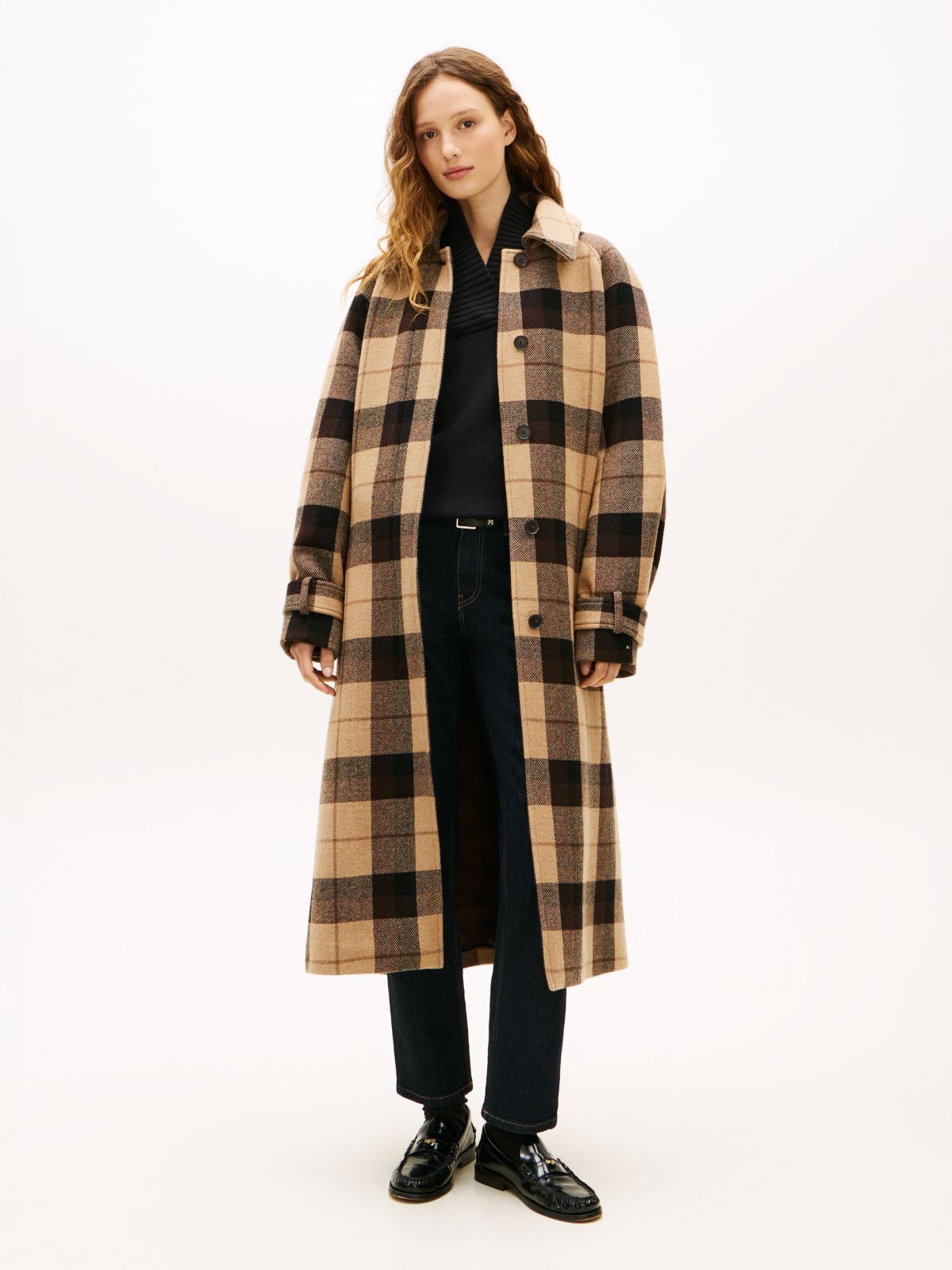 Check Wool Blend Oversized Belted Coat — Multi