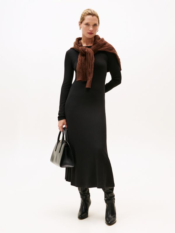Ribbed Midi Fit And Flare Dress — Black
