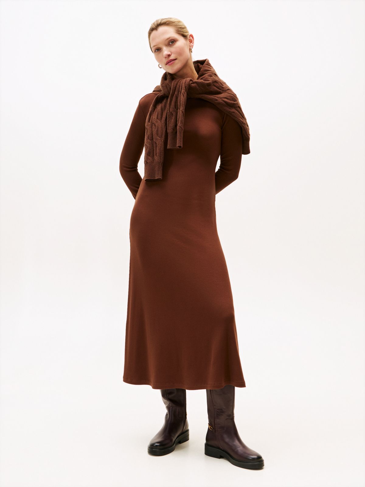 Ribbed Midi Fit And Flare Dress — Brown