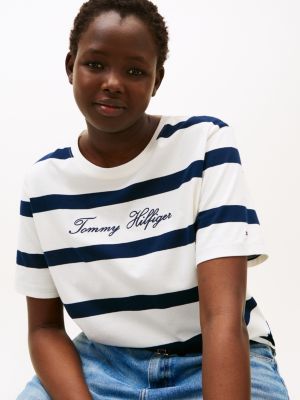 t-shirt curve con logo ricamato beige da donne tommy hilfiger