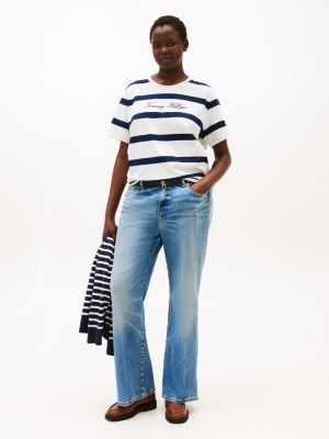 t-shirt curve con logo ricamato beige da donne tommy hilfiger