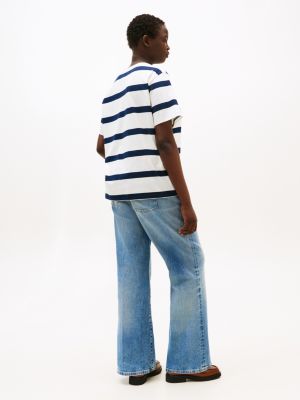 t-shirt curve con logo ricamato beige da donne tommy hilfiger