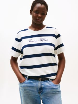 t-shirt curve con logo ricamato beige da donne tommy hilfiger