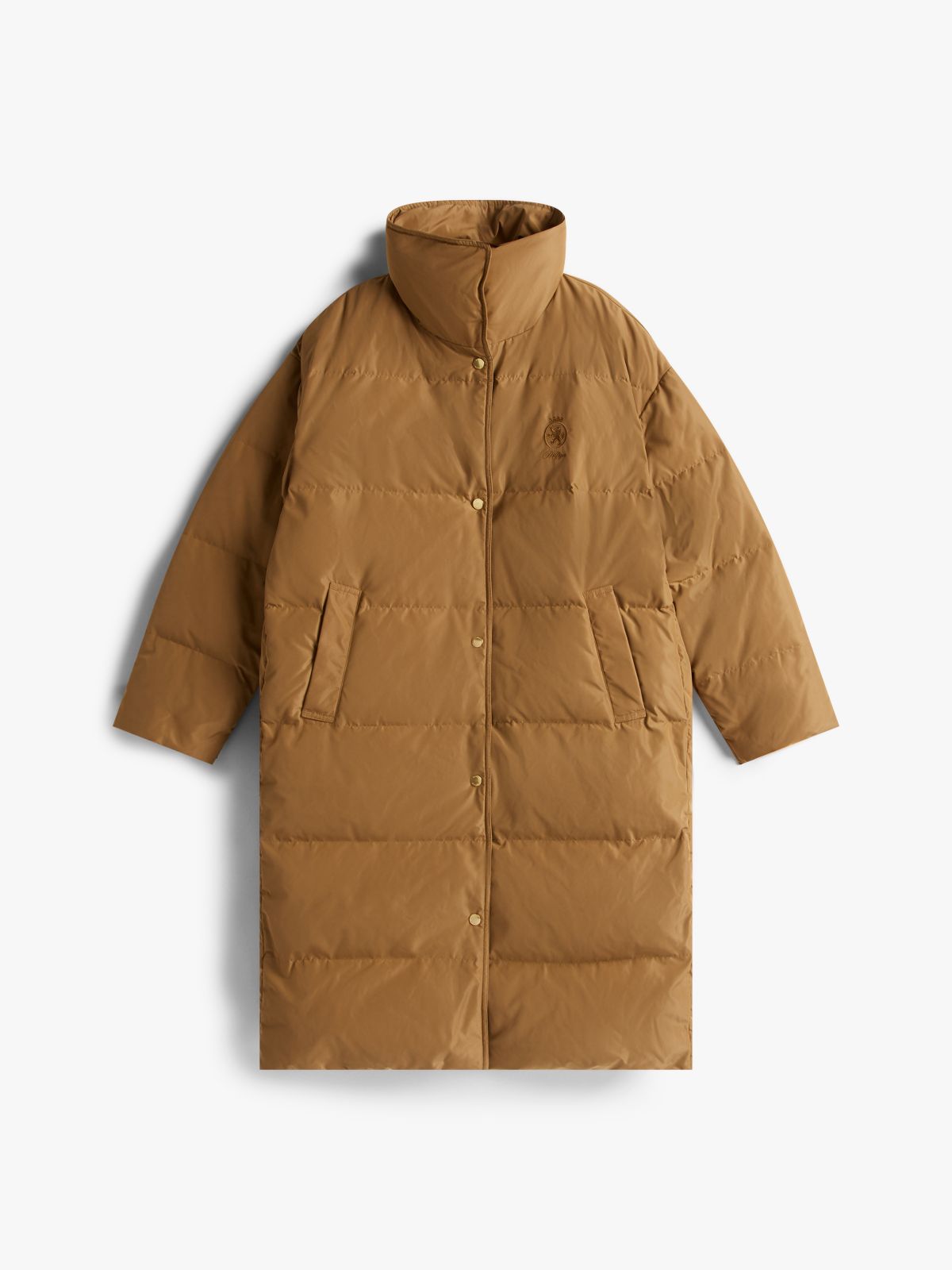 Crest Embroidery Down Puffer Coat — Brown