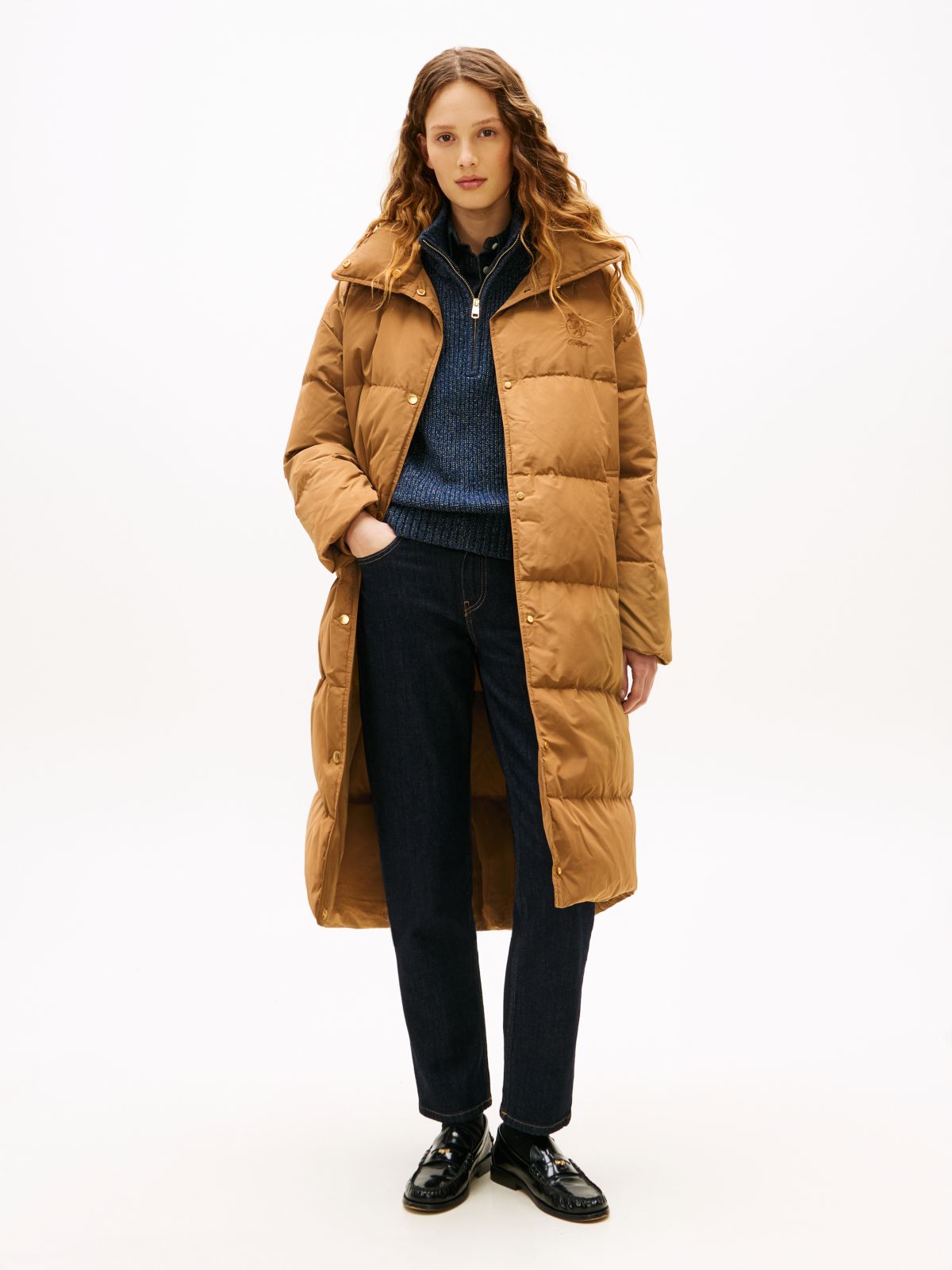 Crest Embroidery Down Puffer Coat — Brown