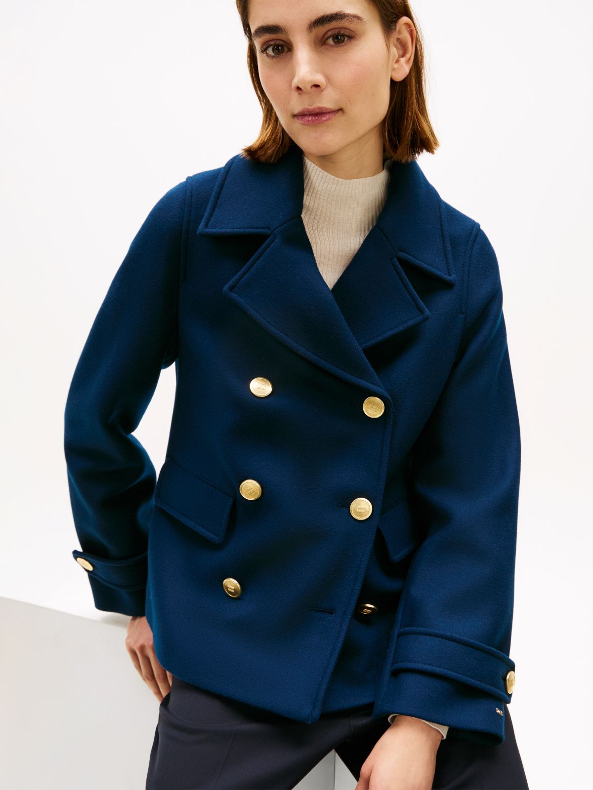 Wool Blend Double Breasted Peacoat — Blue