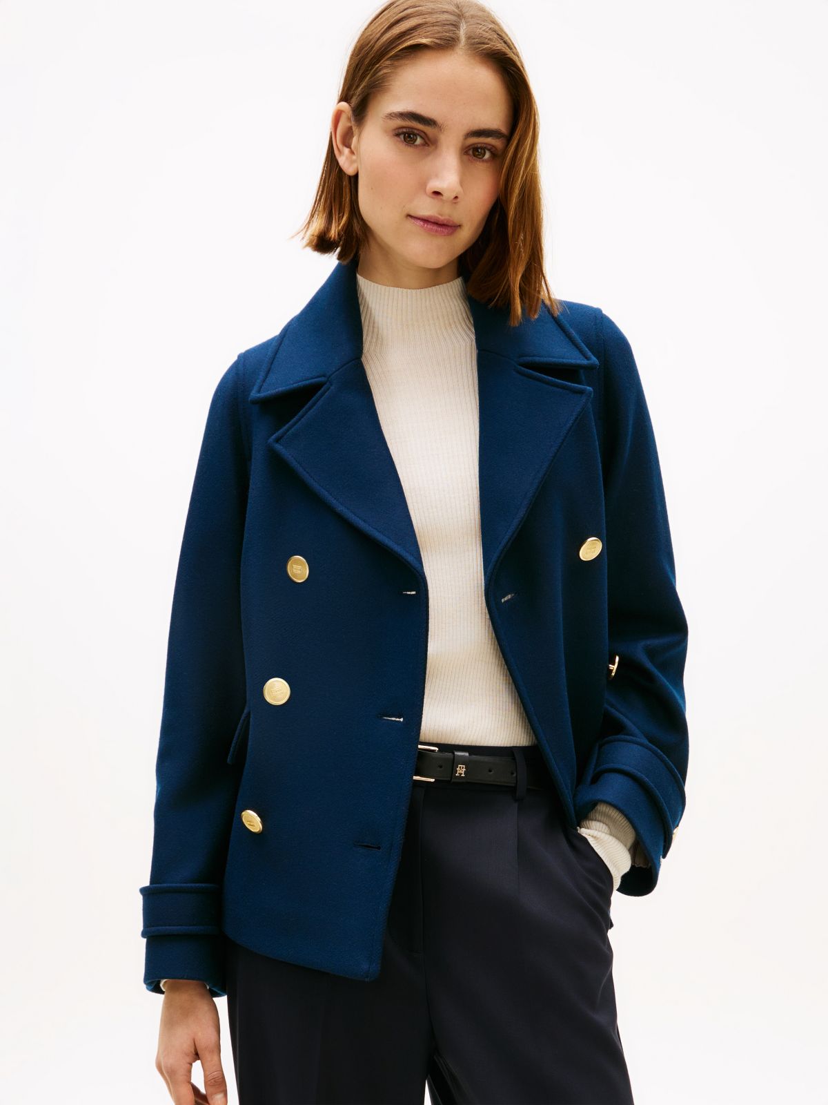 Wool Blend Double Breasted Peacoat — Blue
