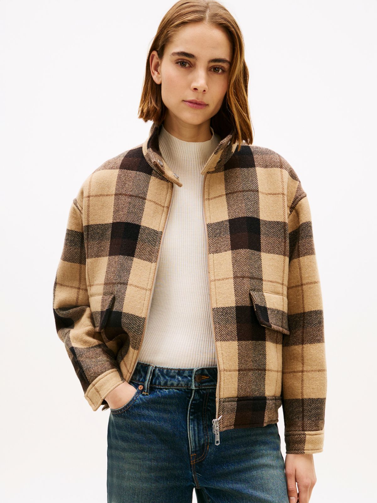 Check Wool Blend Relaxed Harrington Jacket — Multi