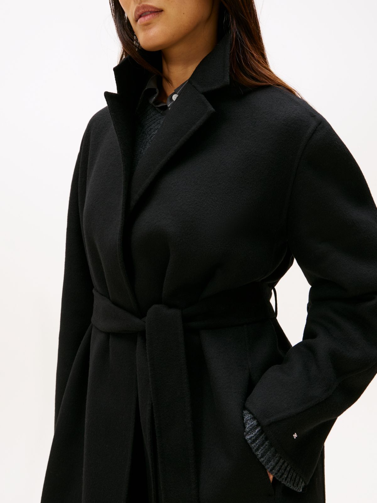 Double-Faced Wool Blend Belted Longline Coat — Black