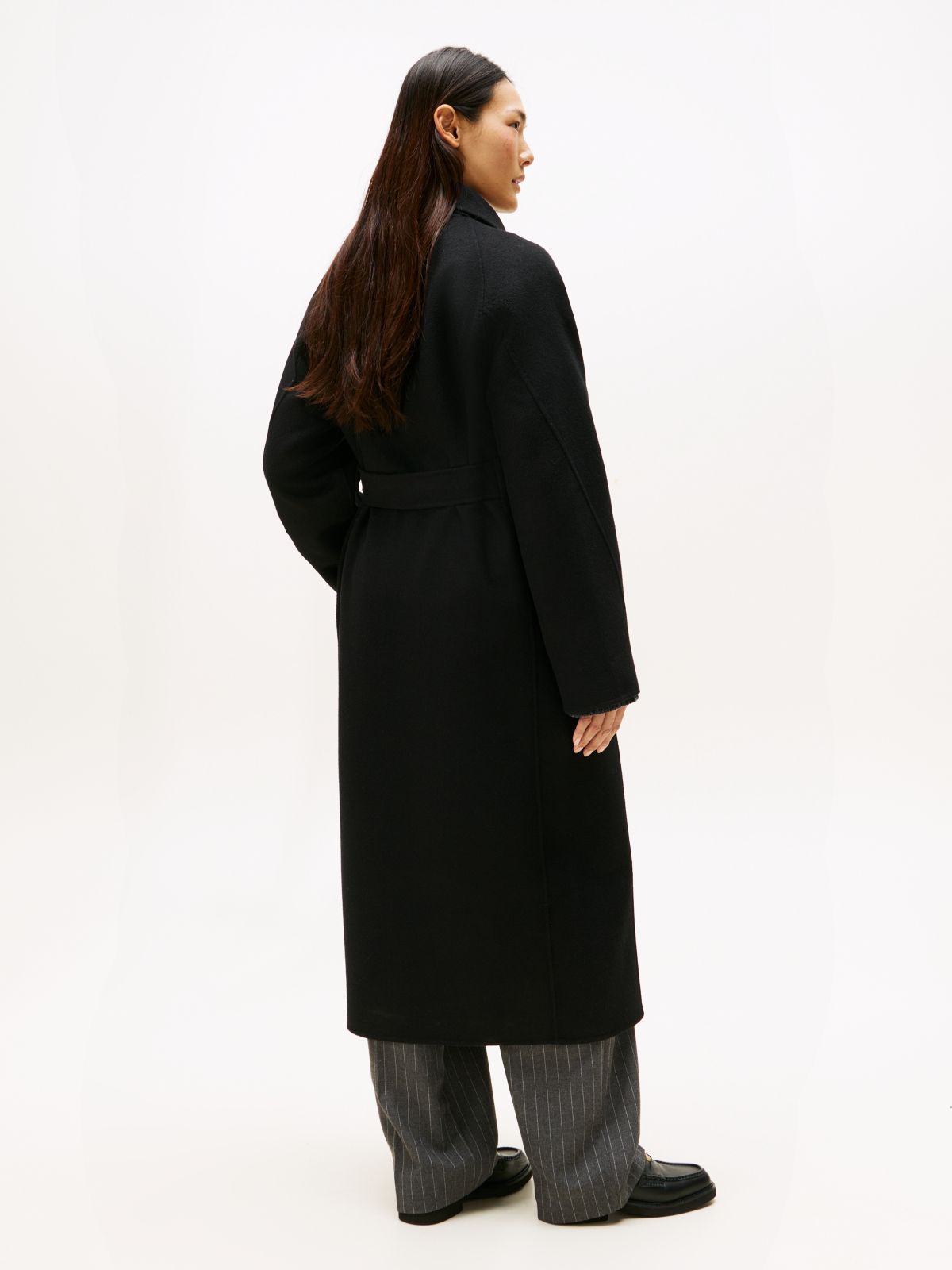 Double-Faced Wool Blend Belted Longline Coat — Black