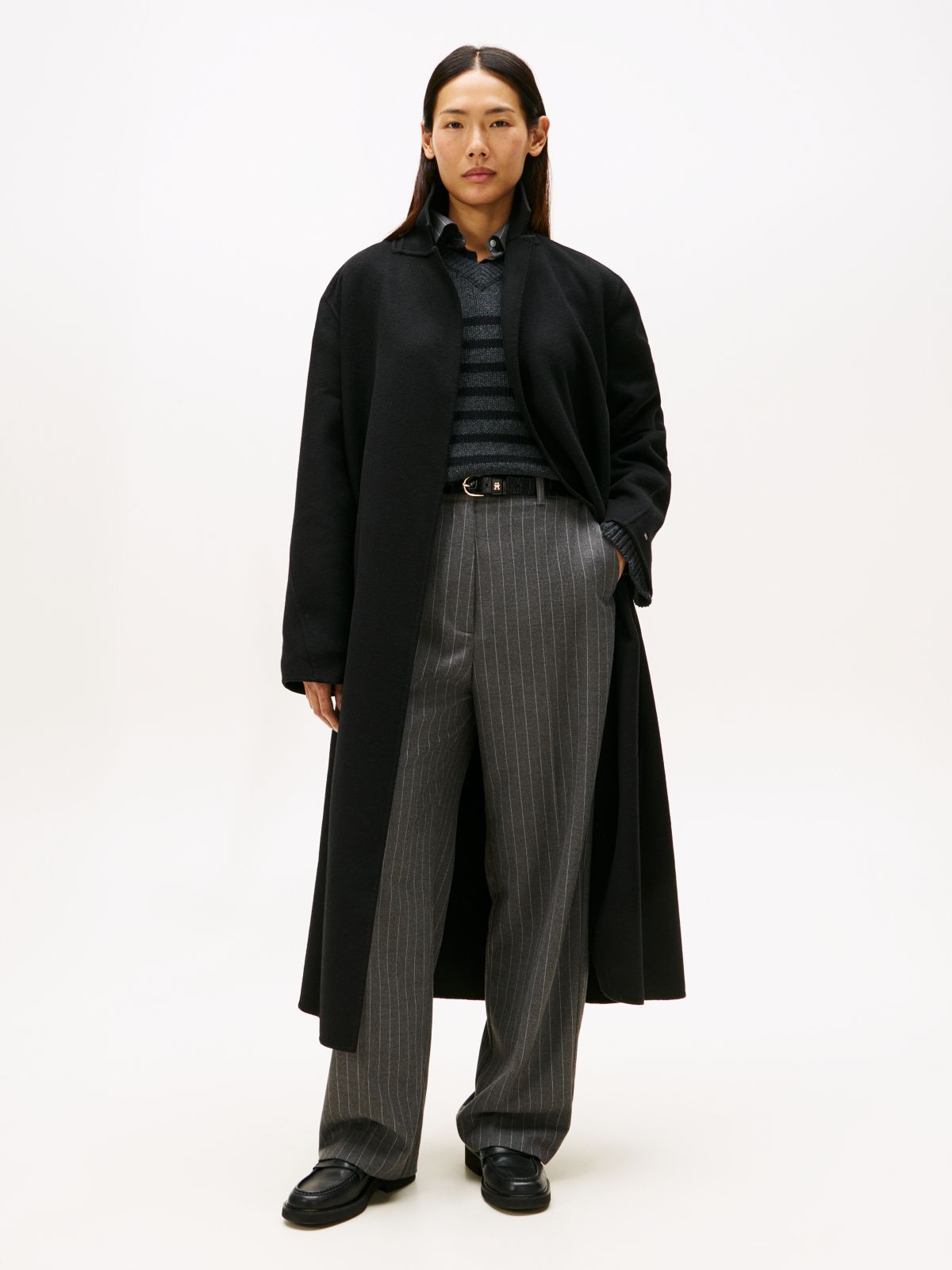 Double-Faced Wool Blend Belted Longline Coat — Black