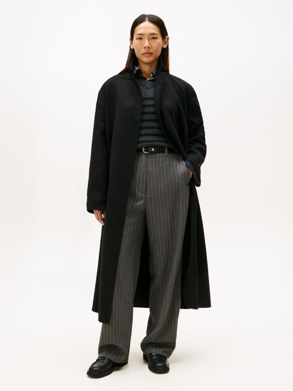 Double-Faced Wool Blend Belted Longline Coat — Black