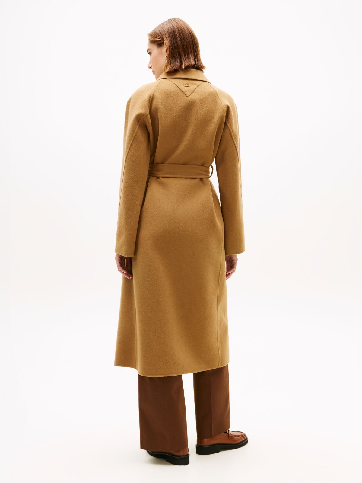 Double-Faced Wool Blend Belted Longline Coat — Brown