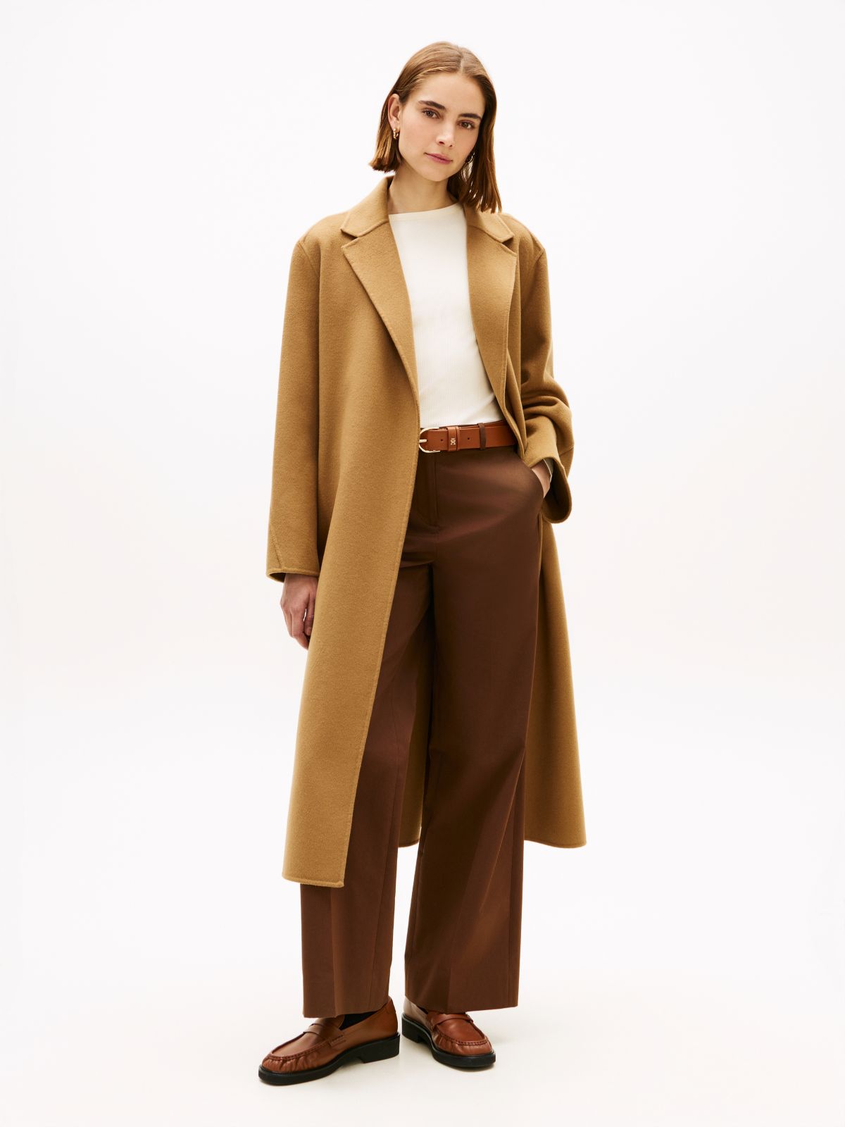 Double-Faced Wool Blend Belted Longline Coat — Brown