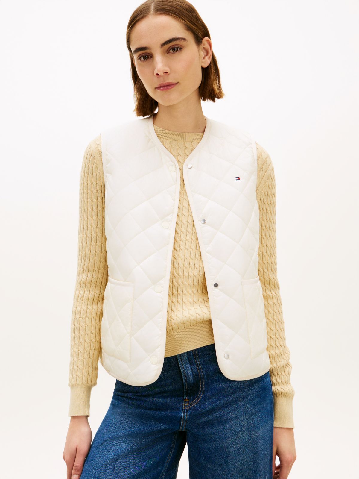 Shiny Lightweight Padded Quilted Gilet — Beige
