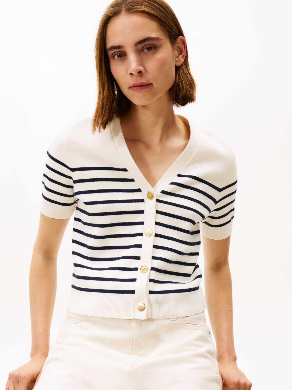 Jersey Gold-Tone Button Short Sleeve Cardigan — Multi