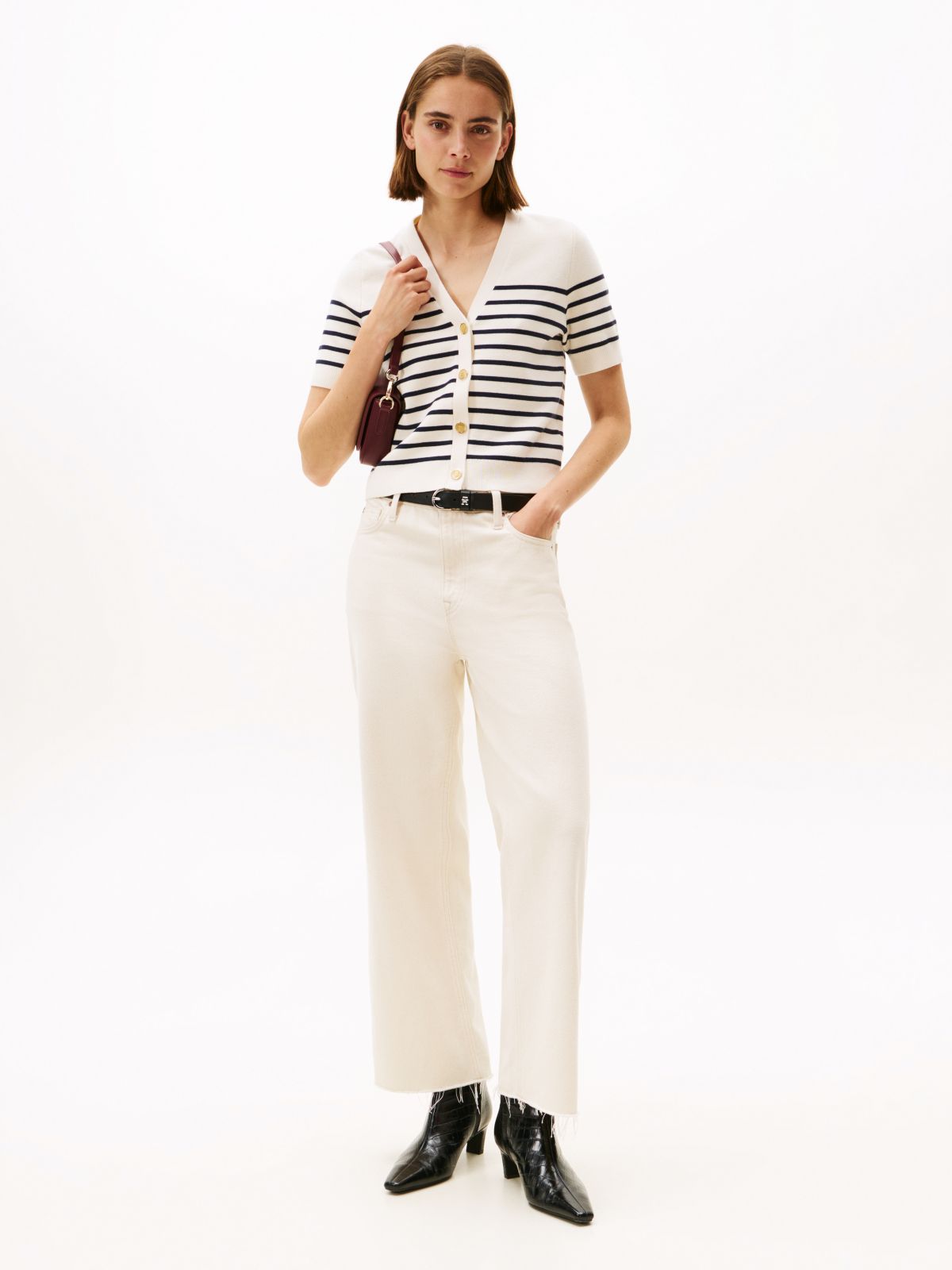 Jersey Gold-Tone Button Short Sleeve Cardigan — Multi