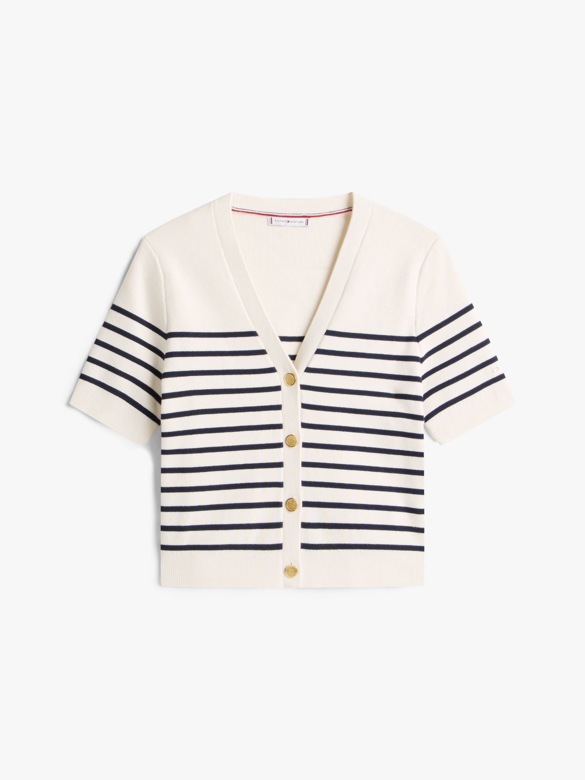 Jersey Gold-Tone Button Short Sleeve Cardigan — Multi