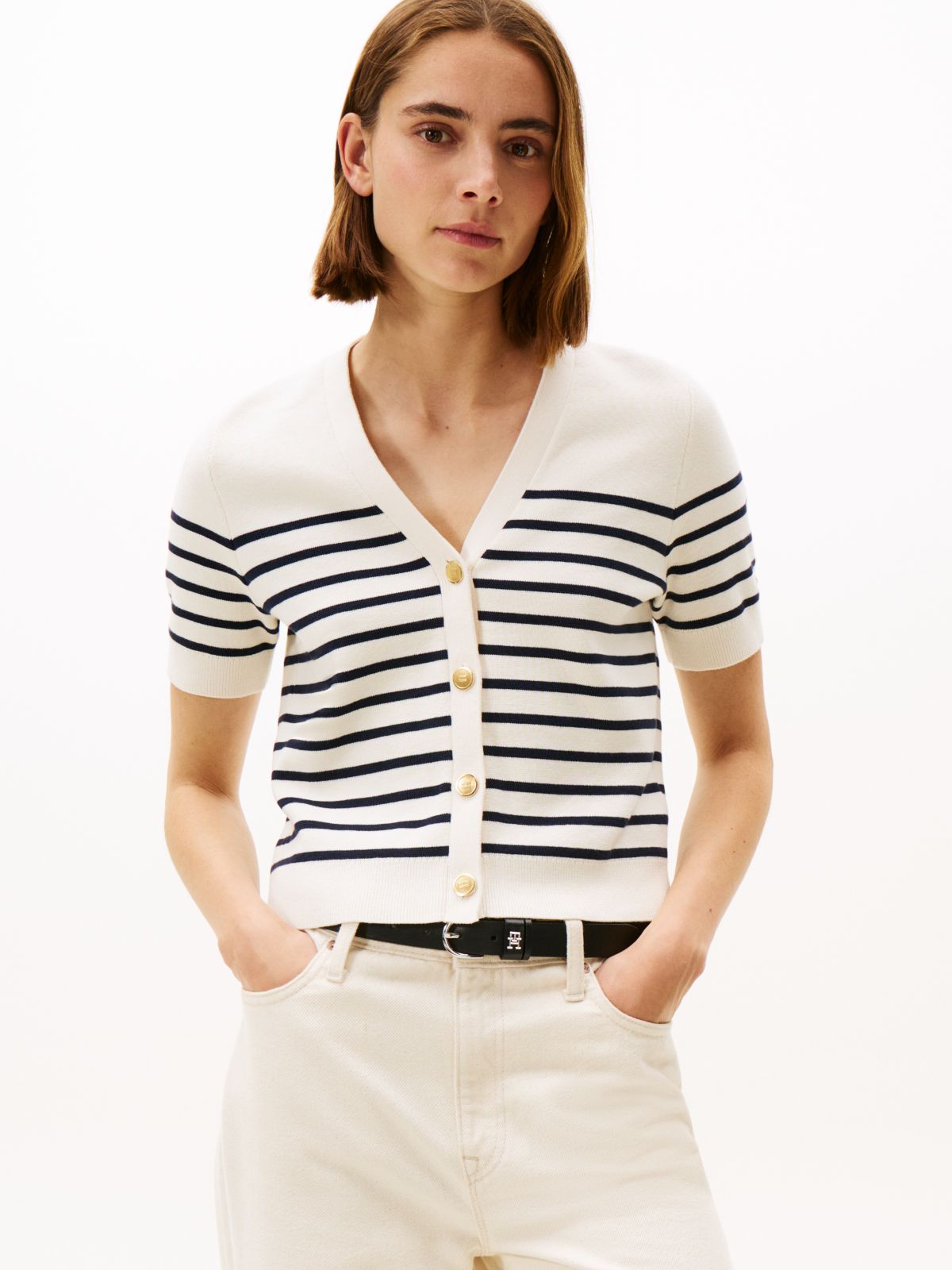 Jersey Gold-Tone Button Short Sleeve Cardigan — Multi