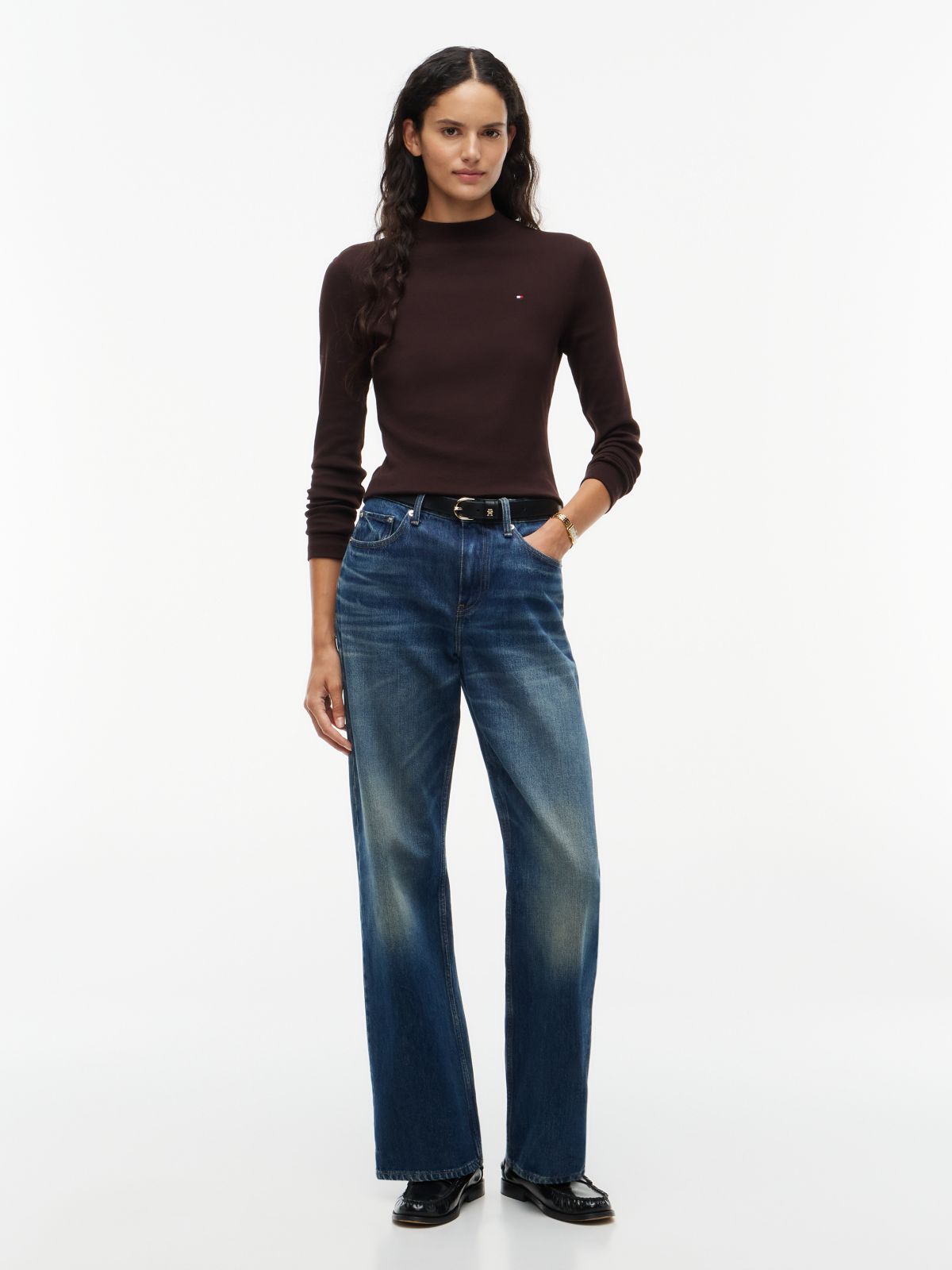 Slim Mock Neck Long Sleeve T-Shirt — Brown