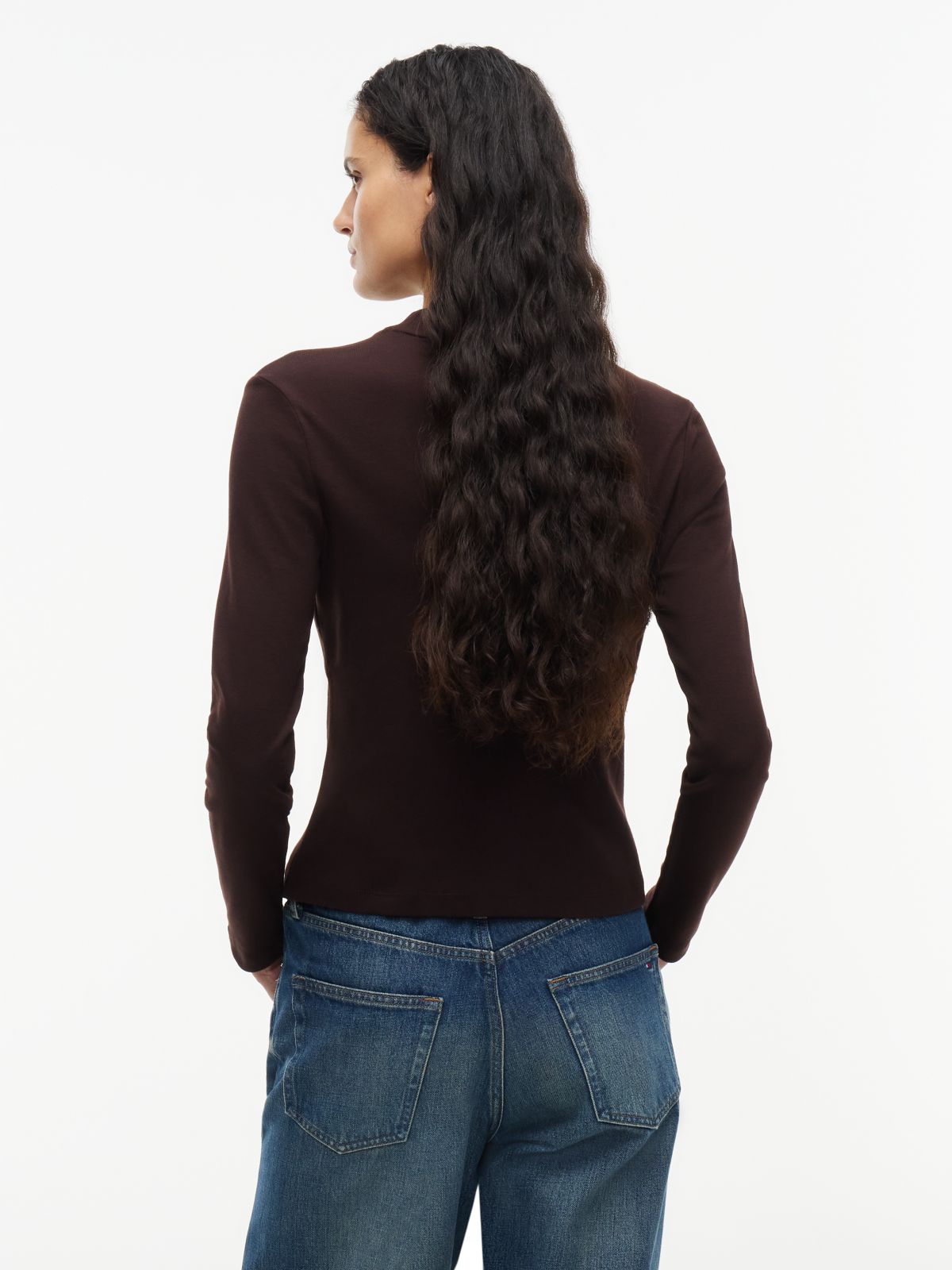 Slim Mock Neck Long Sleeve T-Shirt — Brown