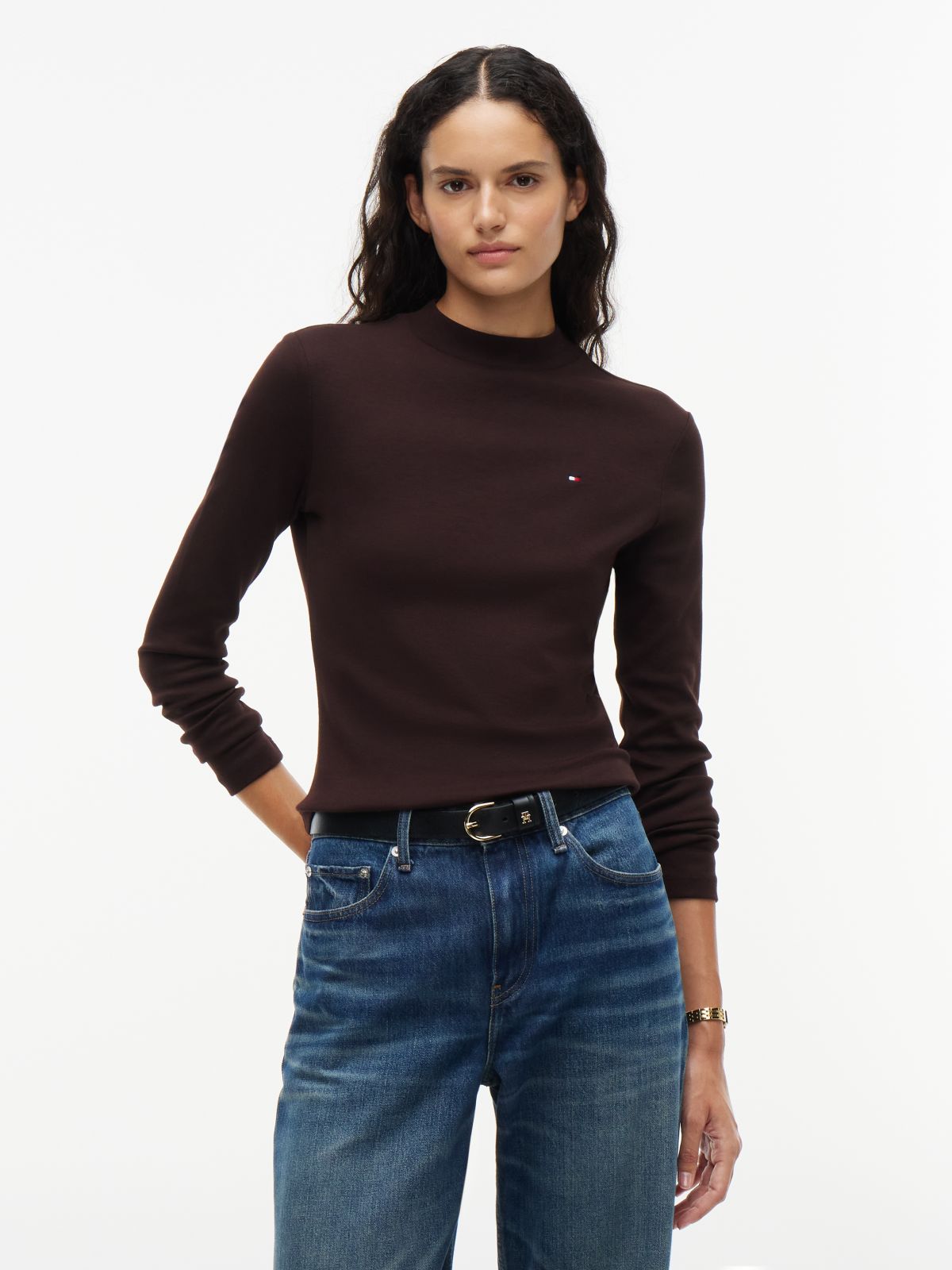 Slim Mock Neck Long Sleeve T-Shirt — Brown
