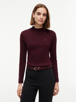 red slim mock neck long sleeve t-shirt for women tommy hilfiger