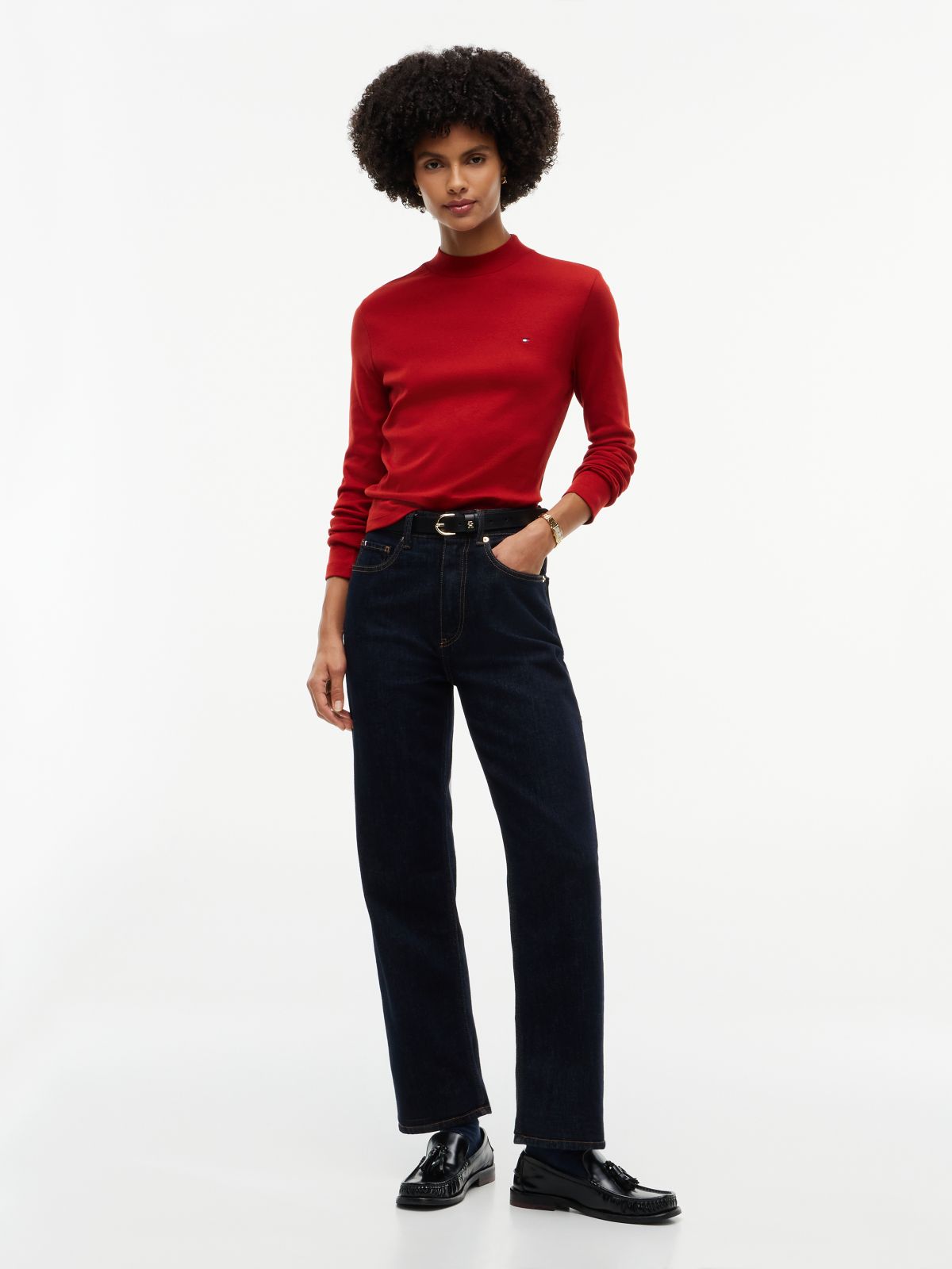 Slim Mock Neck Long Sleeve T-Shirt — Red
