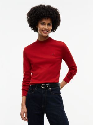 red slim mock neck long sleeve t-shirt for women tommy hilfiger