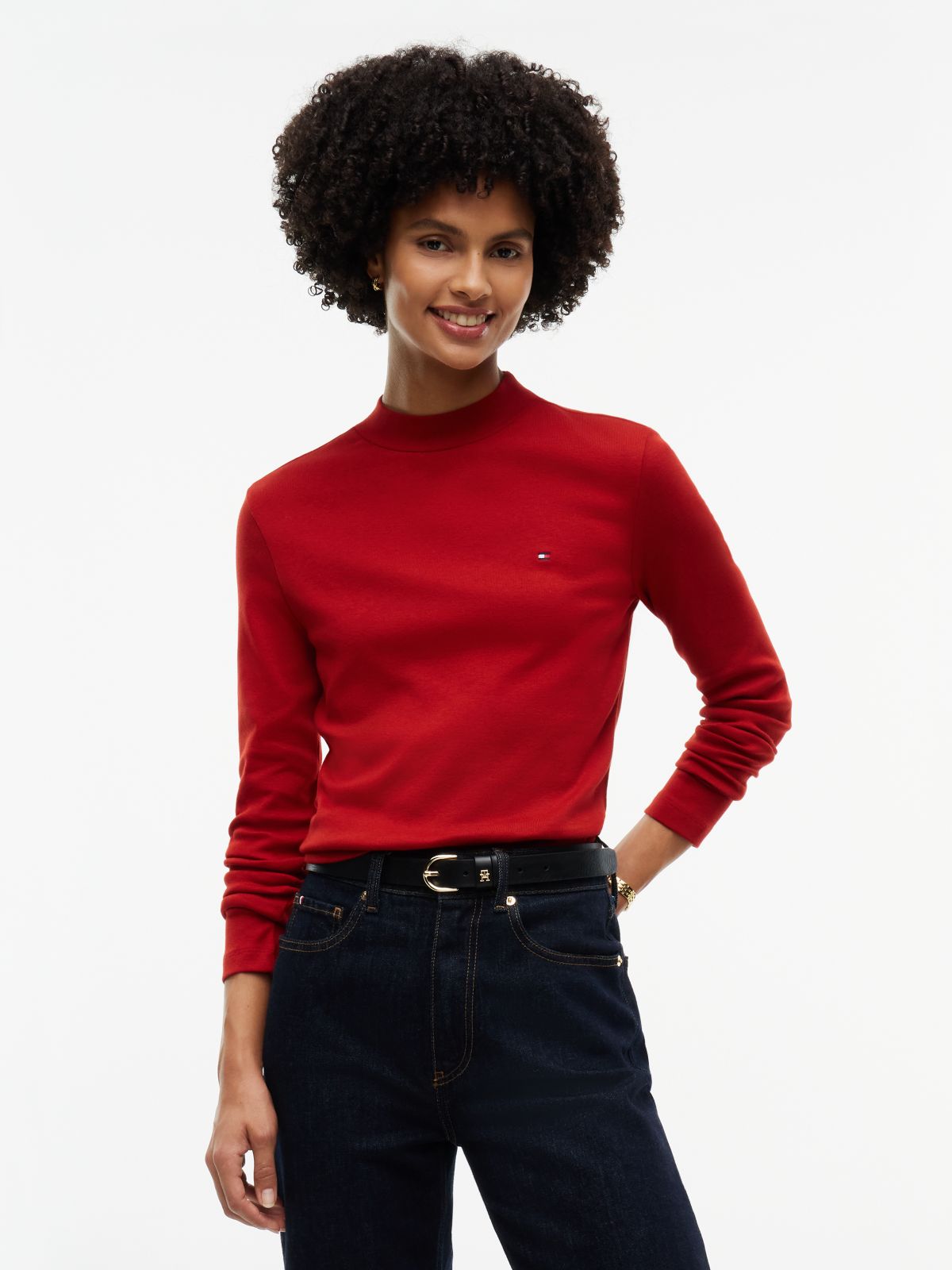 Slim Mock Neck Long Sleeve T-Shirt — Red