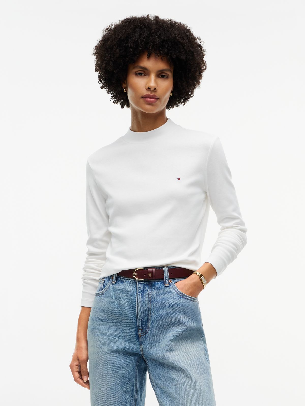Slim Mock Neck Long Sleeve T-Shirt — White