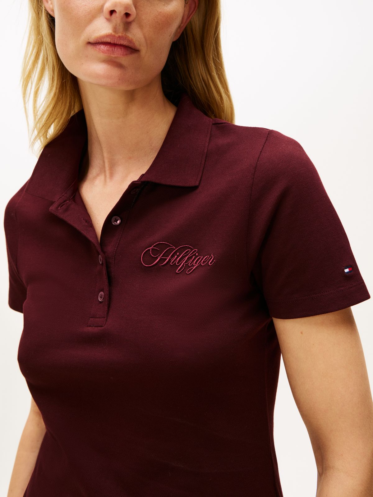 Logo Embroidery Pique Slim Polo Shirt — Burgundy