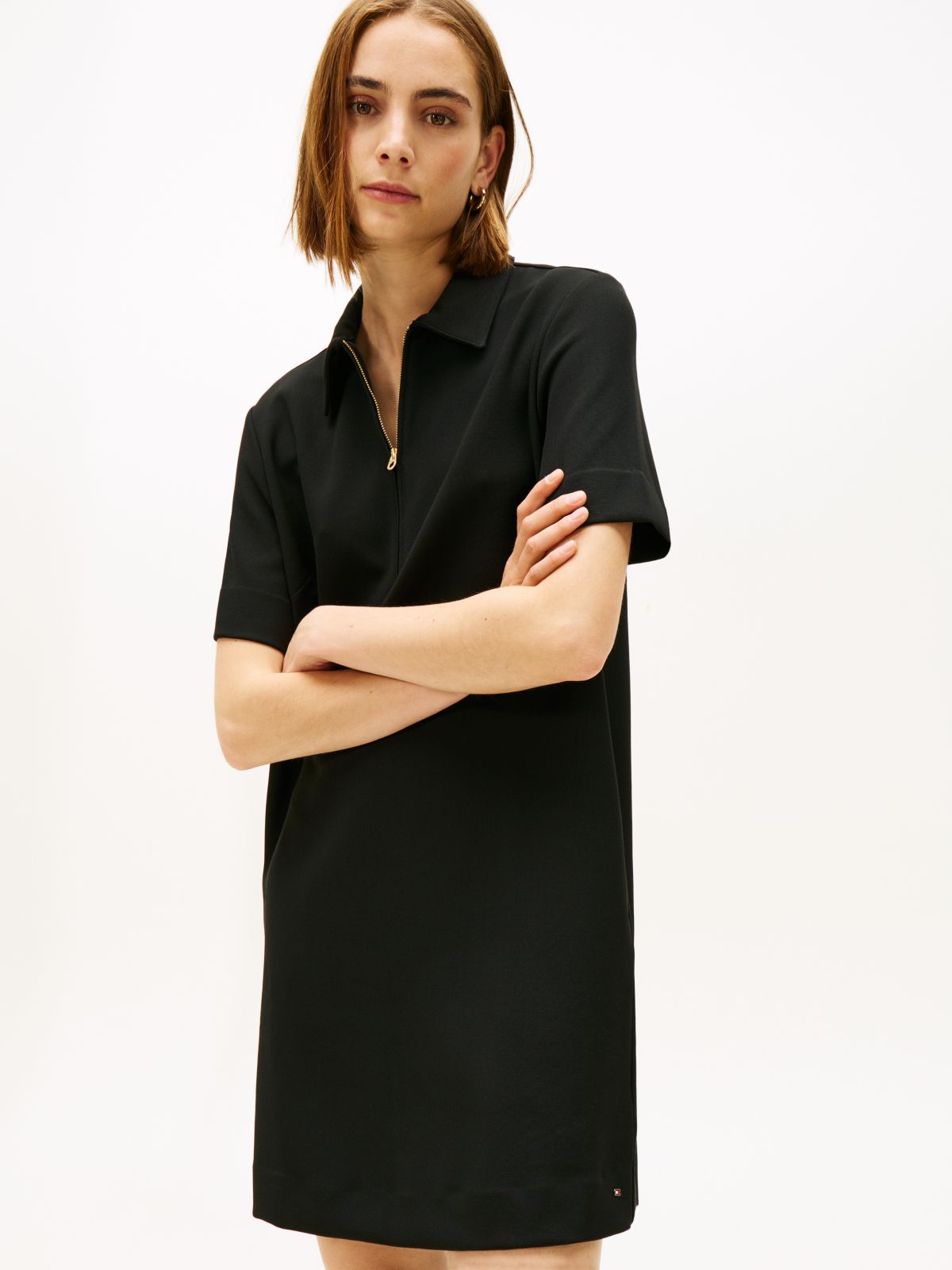Quarter-Zip Relaxed Shift Dress — Black