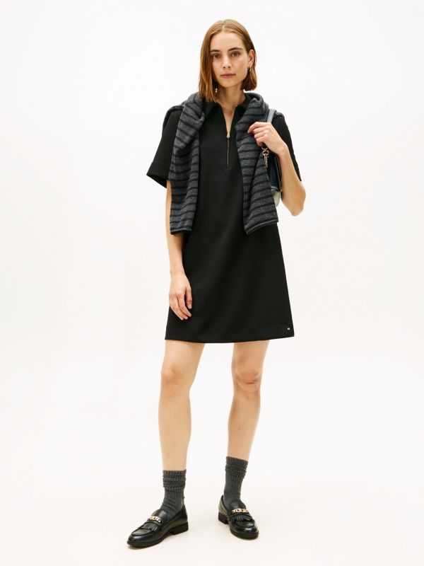 Quarter-Zip Relaxed Shift Dress — Black