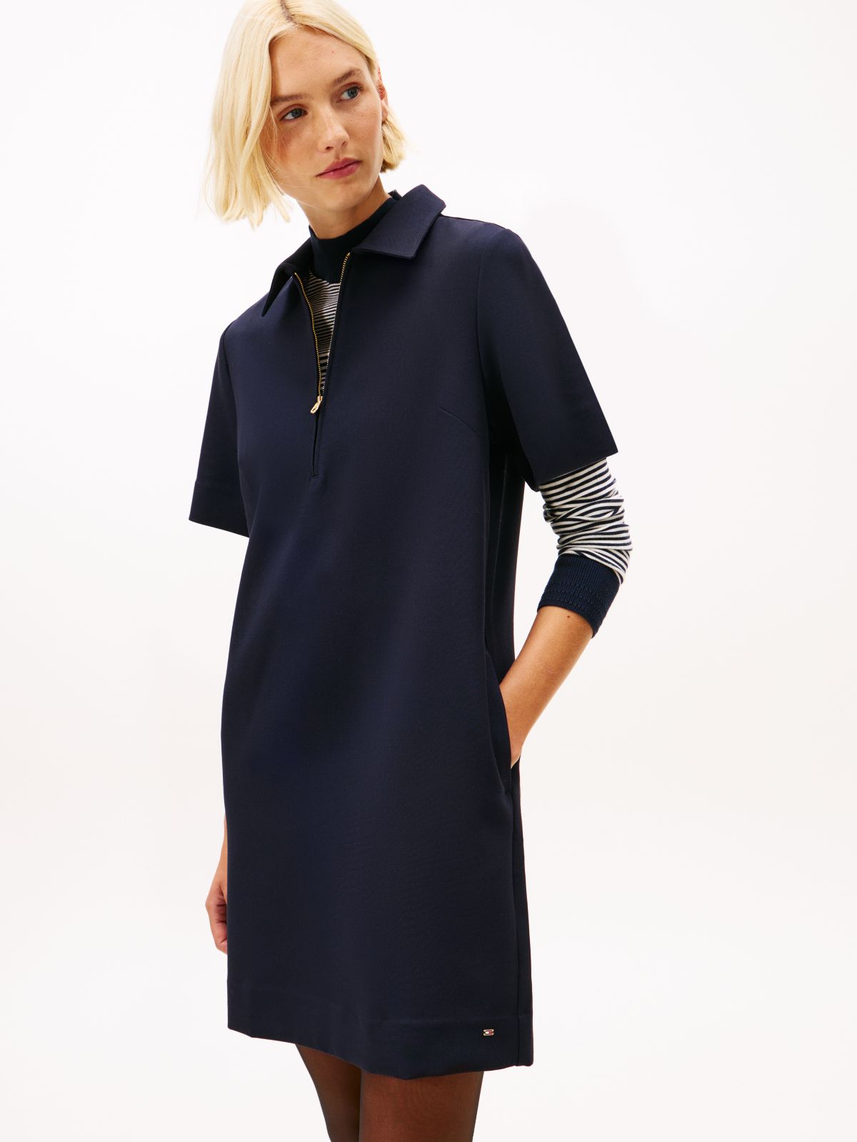 Quarter-Zip Relaxed Shift Dress — Blue