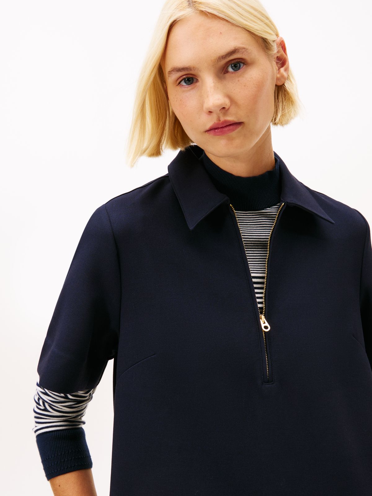 Quarter-Zip Relaxed Shift Dress — Blue