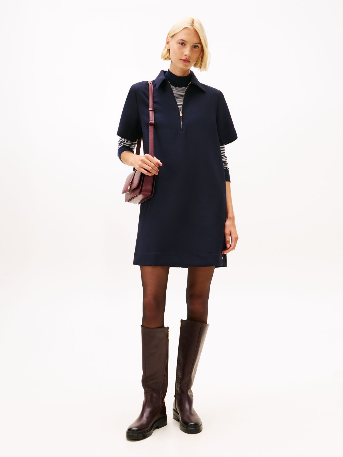 Quarter-Zip Relaxed Shift Dress — Blue