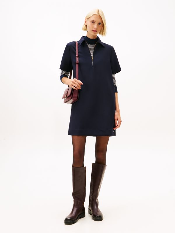 Quarter-Zip Relaxed Shift Dress — Blue