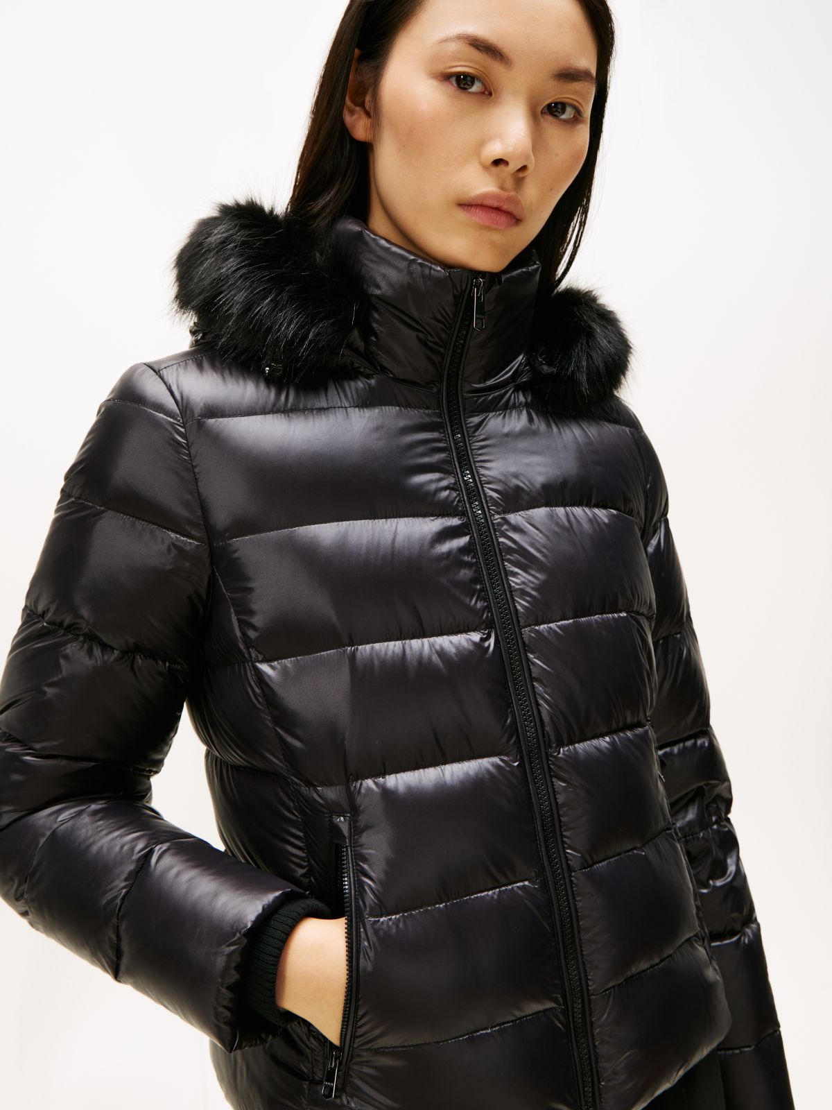 Shiny Water Repellent Down Hooded Jacket — Black