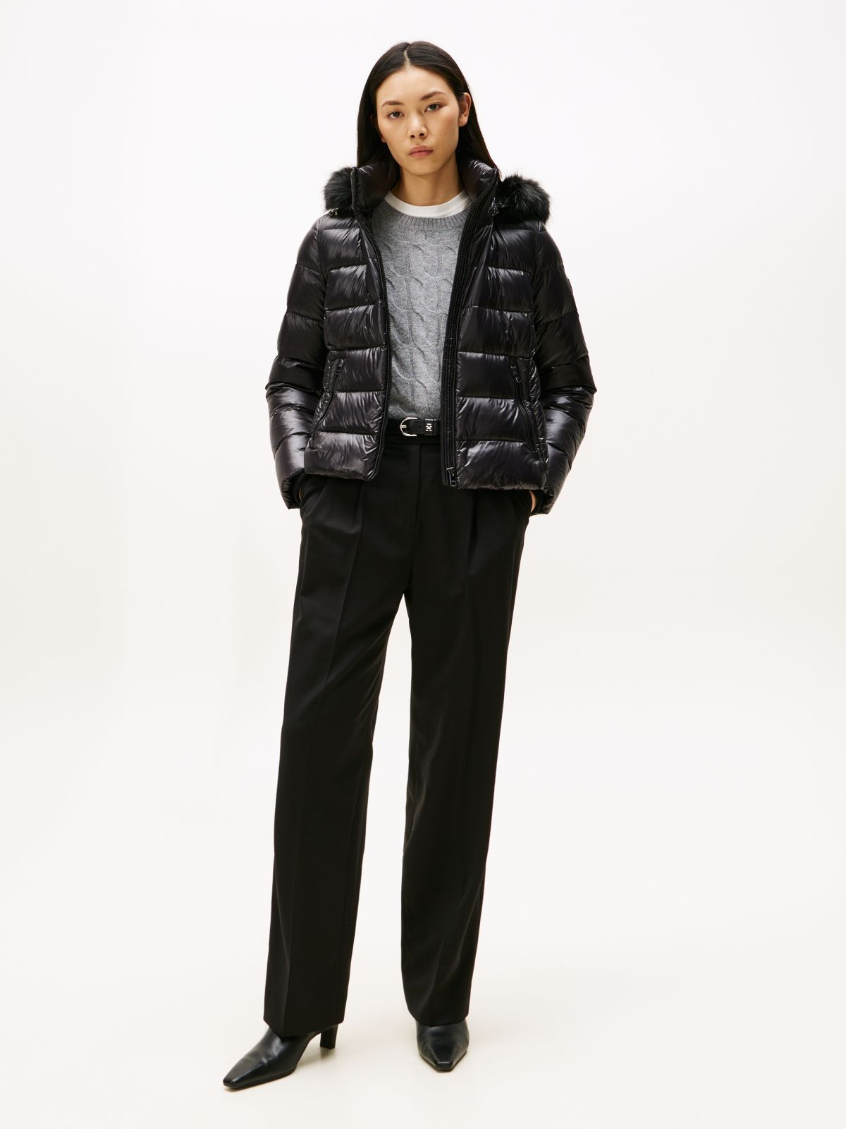 Shiny Water Repellent Down Hooded Jacket — Black