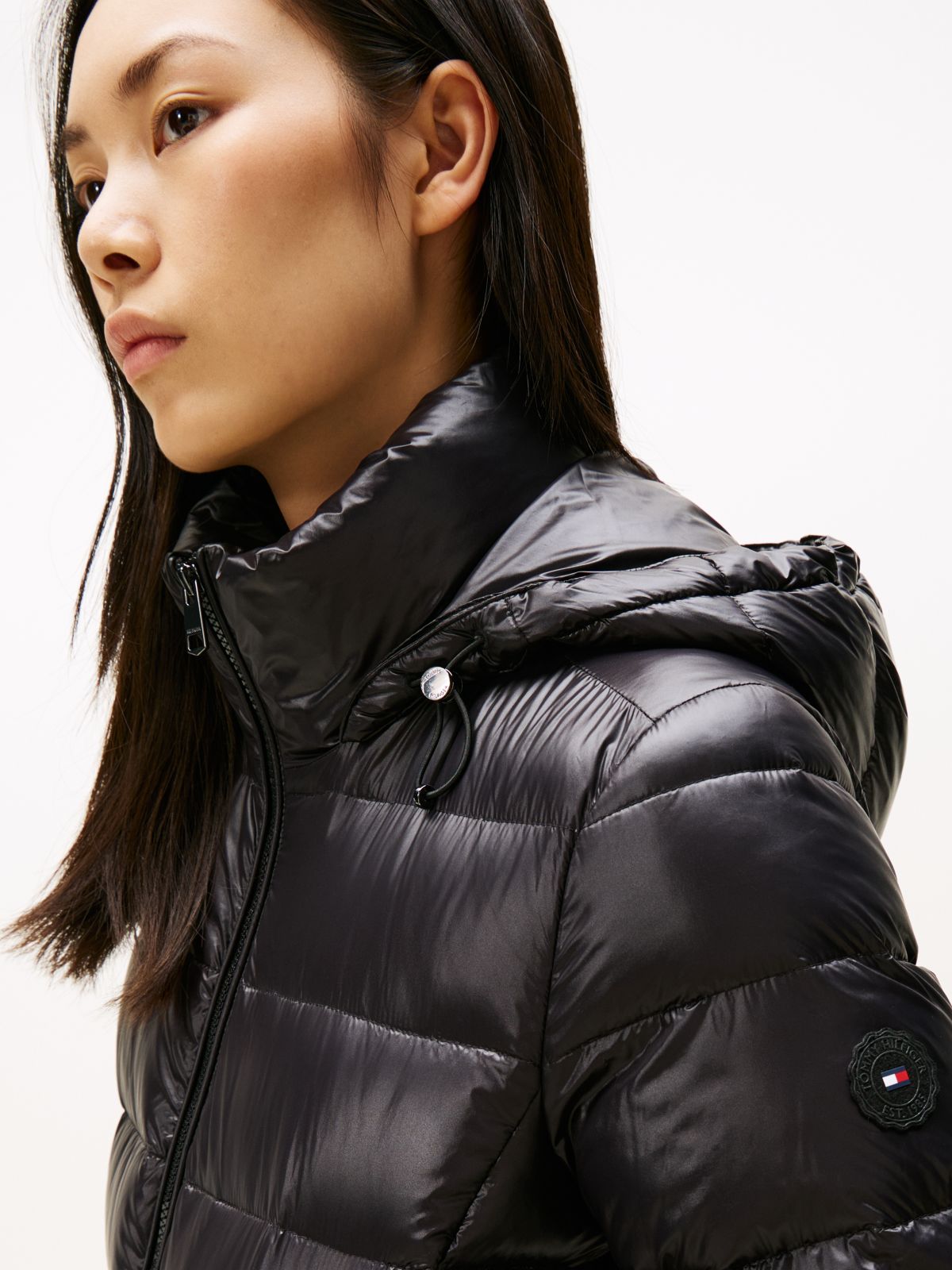 Shiny Water Repellent Down Hooded Jacket — Black