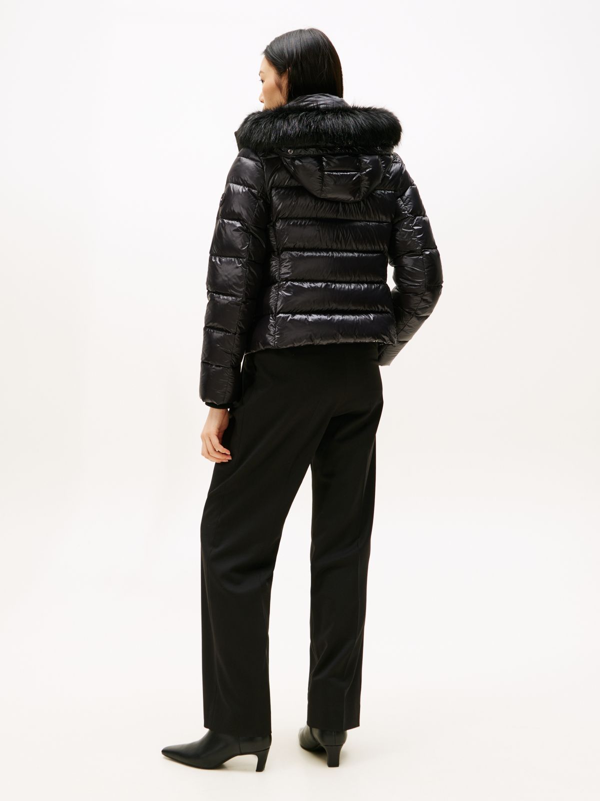 Shiny Water Repellent Down Hooded Jacket — Black