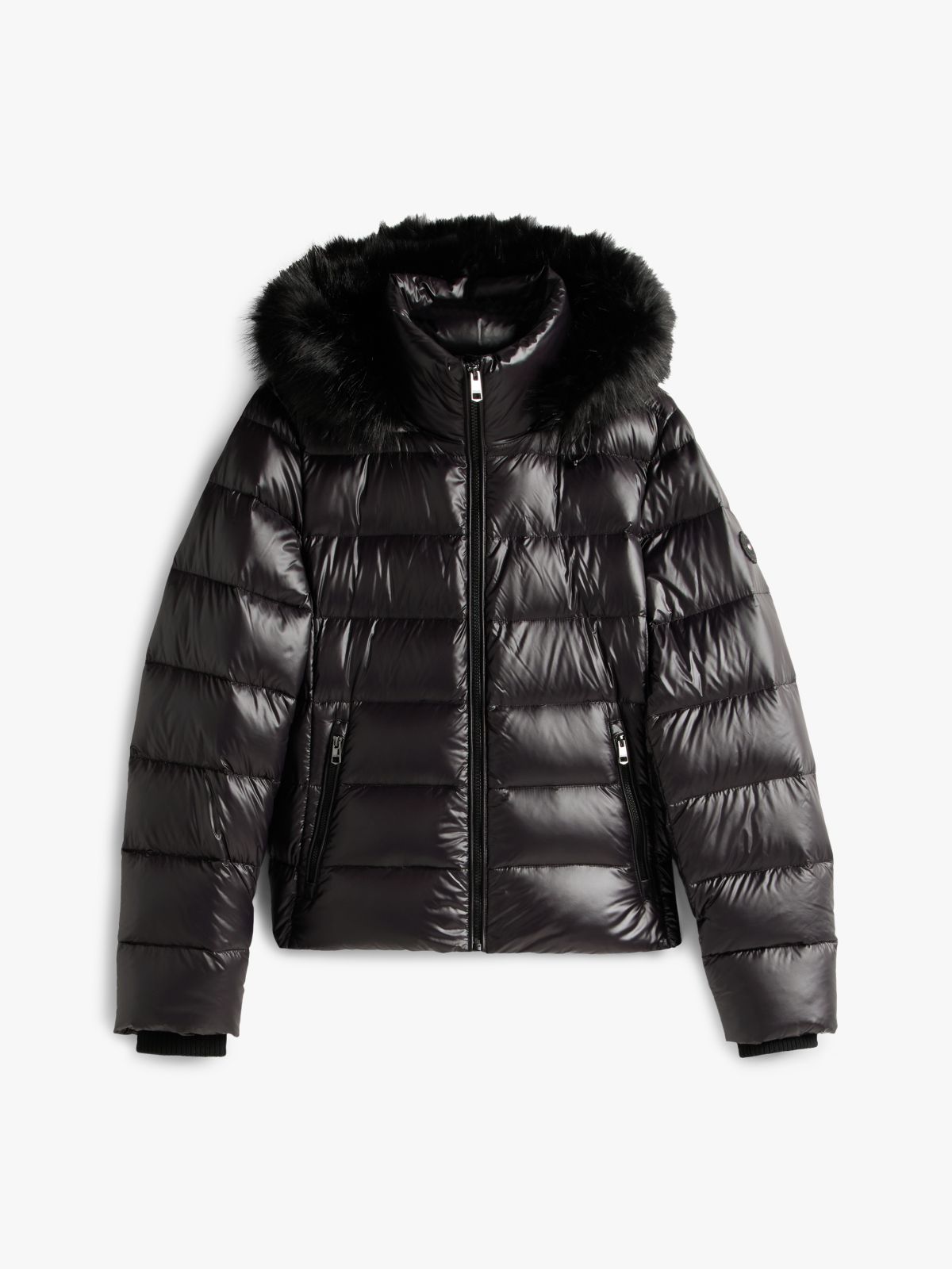 Shiny Water Repellent Down Hooded Jacket — Black