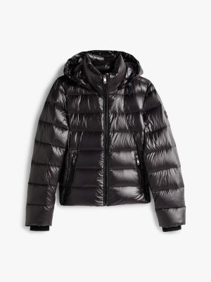black shiny water repellent down hooded jacket for women tommy hilfiger