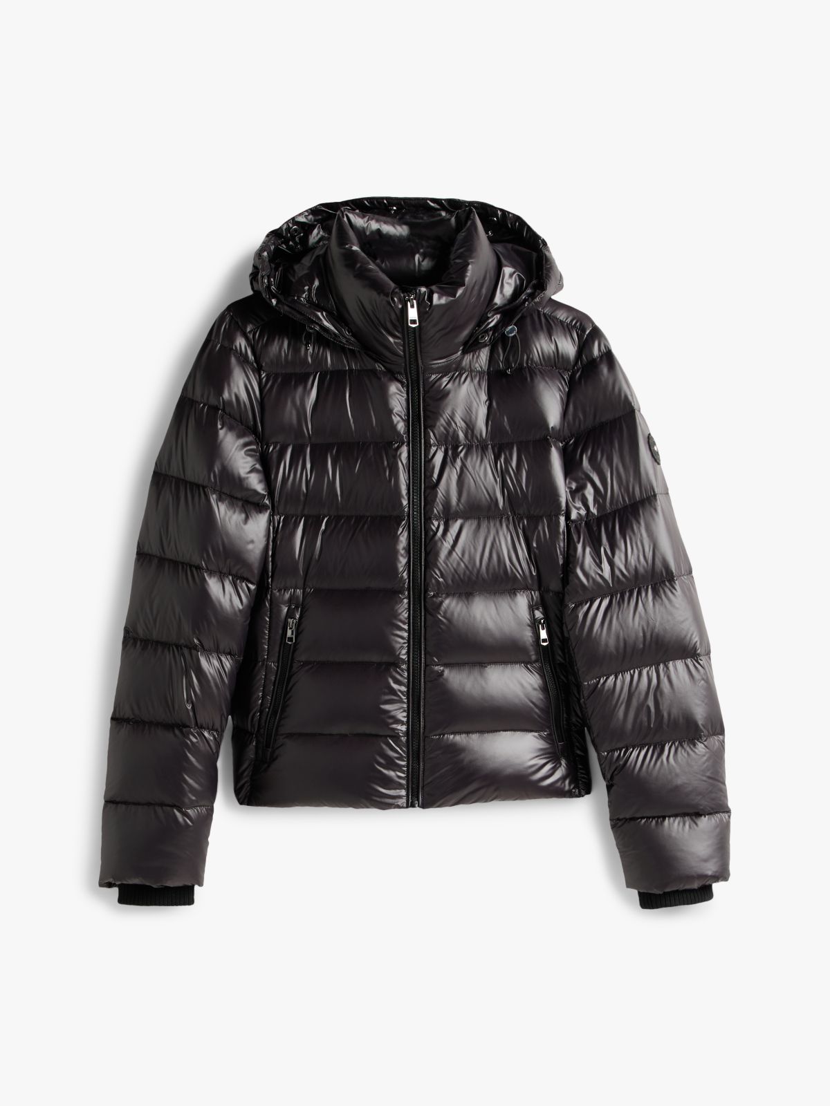 Shiny Water Repellent Down Hooded Jacket — Black