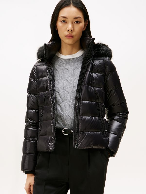 Shiny Water Repellent Down Hooded Jacket — Black